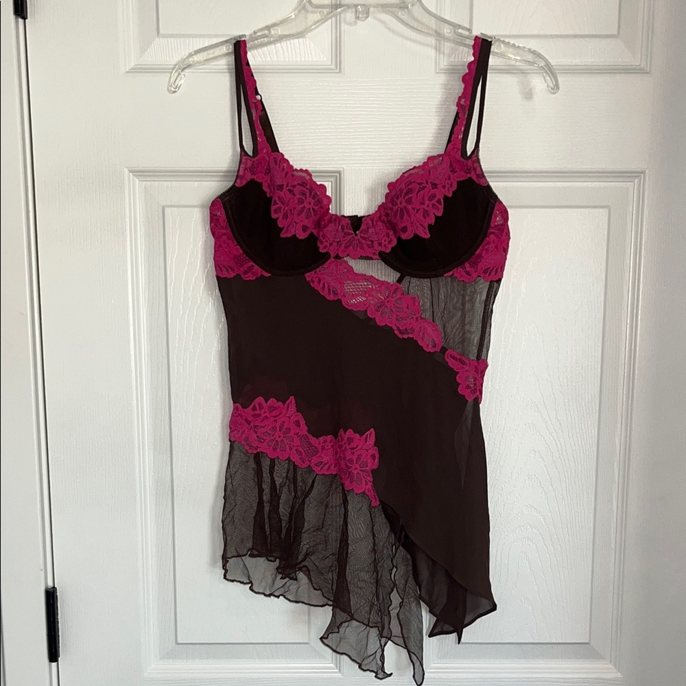 Victoria’s Secret Asymmetric Brown & Pink Lace Short Nightie